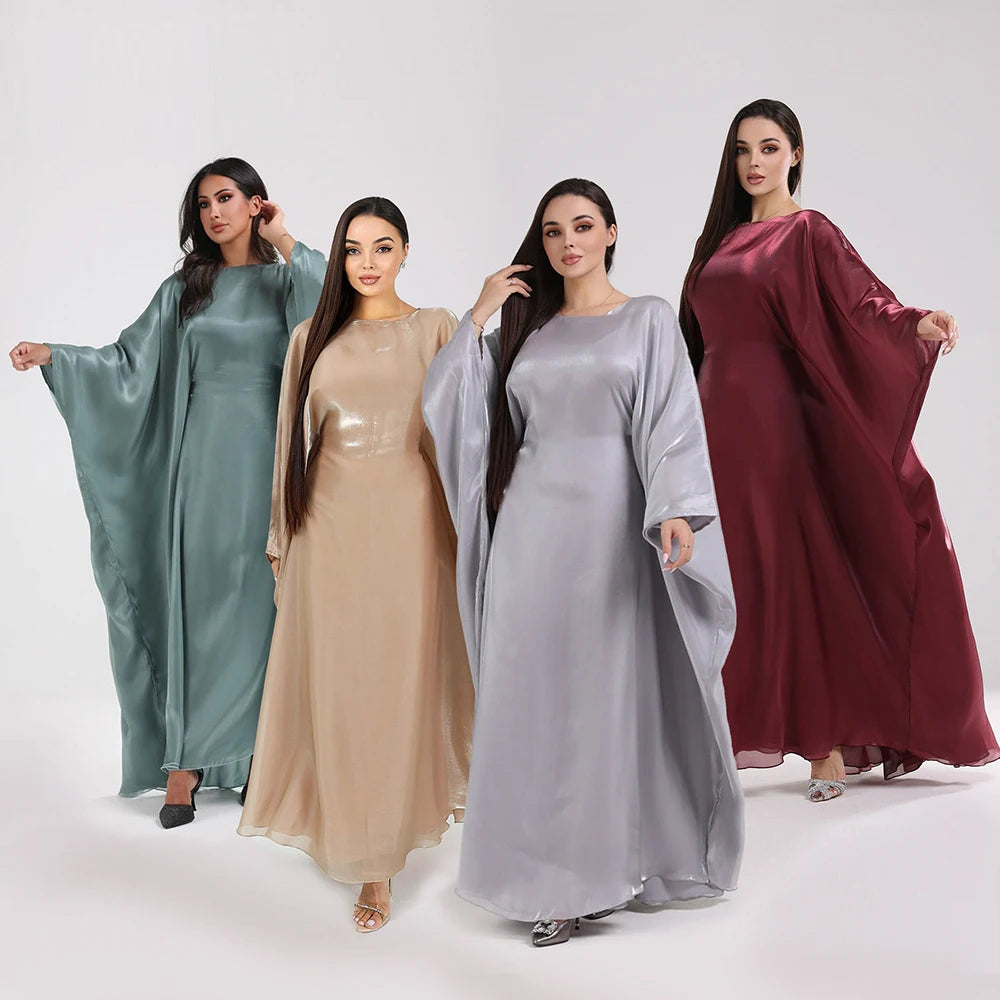 Muslim Kaftan Dress Satin Batwing Abaya For Women Dubai Luxury 2024 Islam Kebaya Robe Caftan Marocain Femme Musulmane Vestidos.