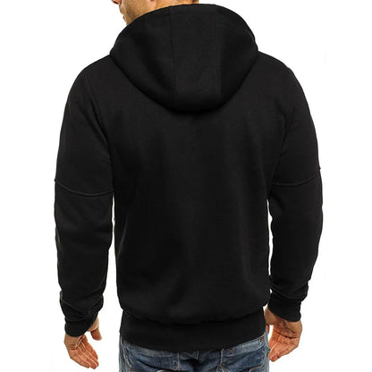 Men's hooded zipper jacket with pockets, custom logo image text, casual sports streetwear, men's cardigan wool sweater, fashion.