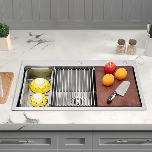 Stahlspüle, 304 Edelstahl, multifunktionale Küchenspüle, Drop-In-Spüle, 33 Zoll Drop-in-Küchenspüle, Workstation, Edelstahlspüle