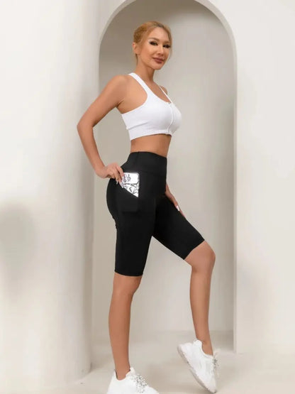 Running shorts, gym sports capris, high waisted pull-up running pants, pocket yoga pants, women's elastic fitness pants.