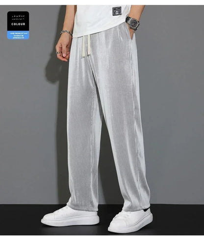 Summer Loose Ice Silk Pants Men's Drape 100KG Size Long Pants Fat Casual Sports Pants Wide Leg Straight Pants Tide Brand.