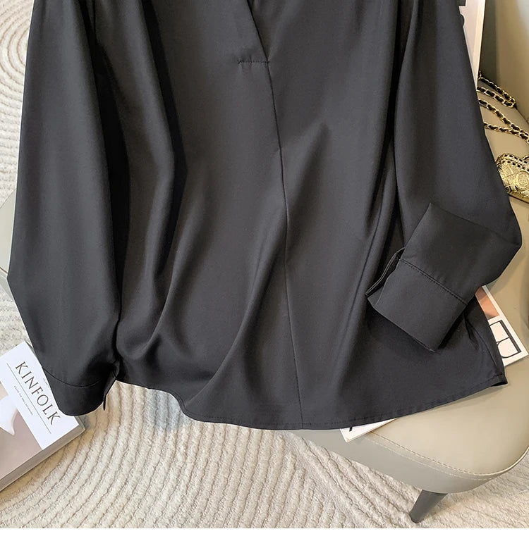 Big Size Women Shirts 2025 Spring Autumn Long Sleeve Office Lady V-Neck Solid Color Blouses Elegant and Youth Woman Tops.