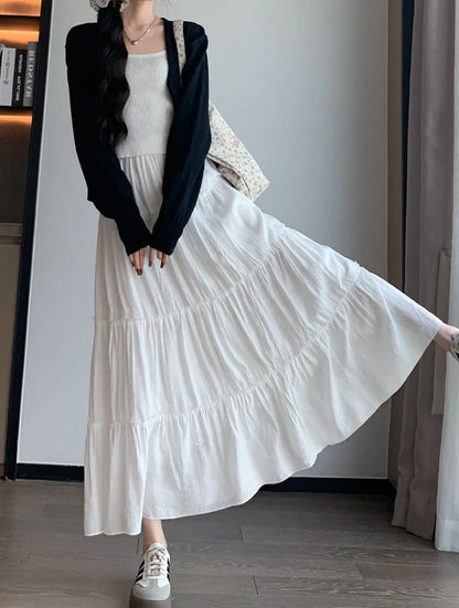 Spring Summer Women Long Skirts Fashion High Waist Elastic Patchwork A-Line Skirt Casual All-Match White Cake Maxi Skirts Female.