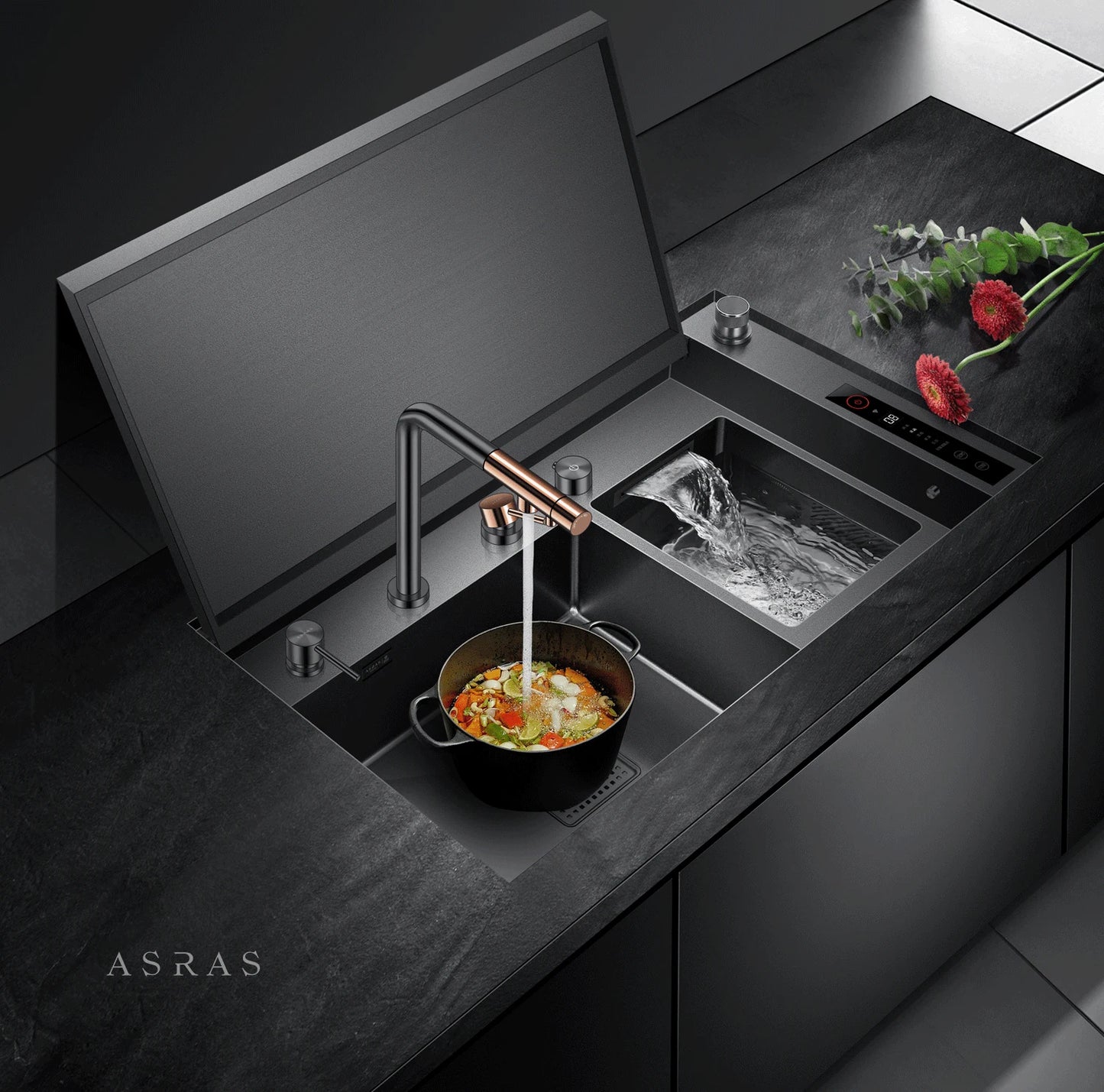 ASRAS Kitchen Sink Stainless Steel Nano Grey Kitchen Sink with Built-in Food Purifier, Hidden Cover & Adjustable Lift Faucet