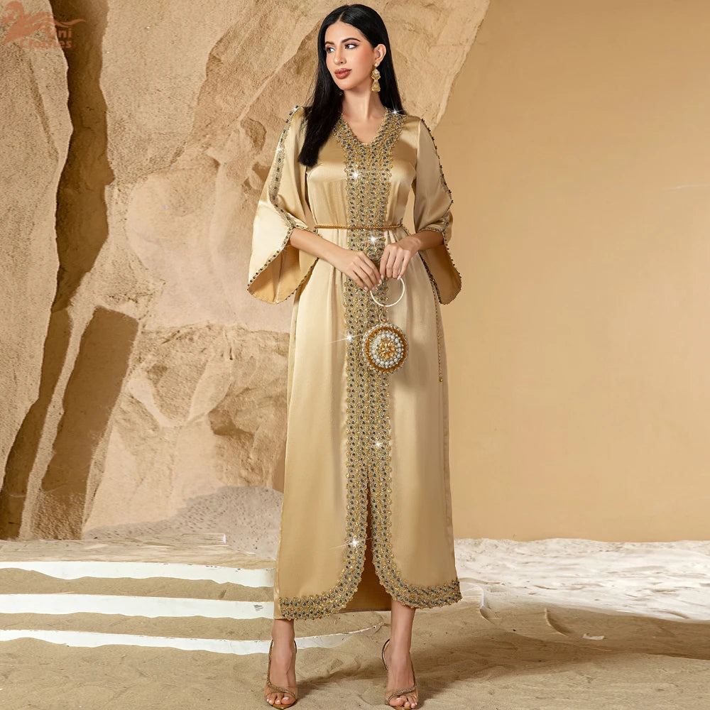 Luxury Dubai Diamonds Abaya Satin Long Dress Women Muslim Islam Clothing Evening Party Gown Ramadan Caftan Marocain Femme Robe ﻿.