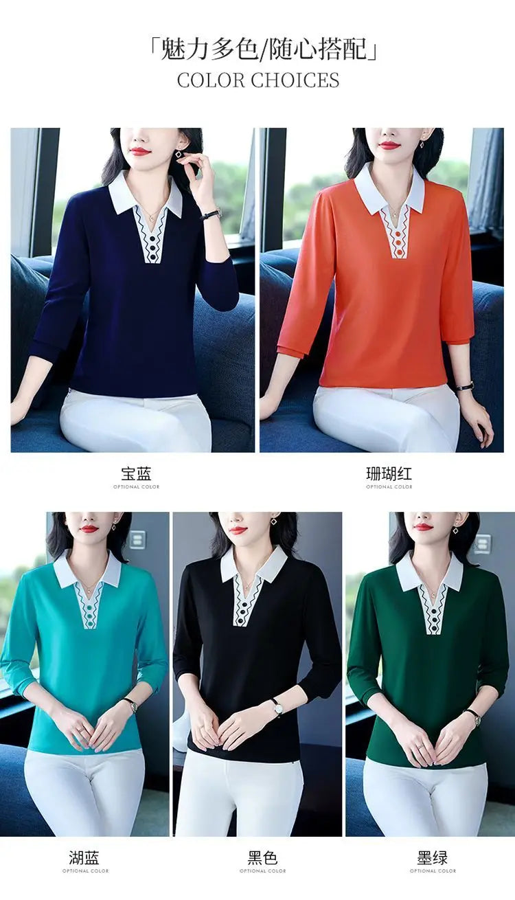2025 Autumn New Women Clothes Office Lady Simplicity Patchwork Polo-Neck Top Tee Ladies Fashion Loose Buttons Long Sleeve Shirts.