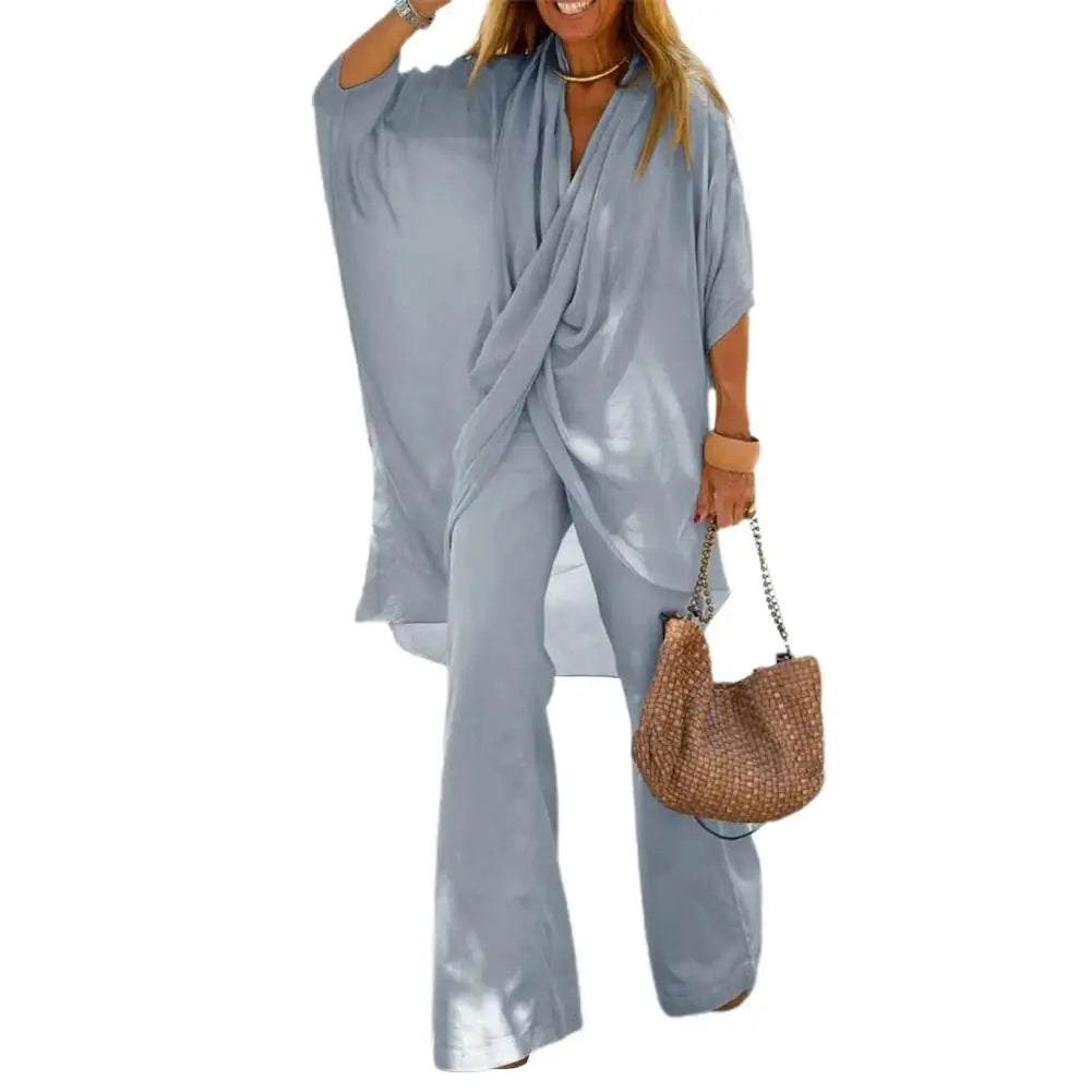 Two-piece Suit Women Outfit Bat Sleeve Wide Leg Spring Irregular Cross Solid Color Raglan Sleeves Blouse Pants Set for Dating.