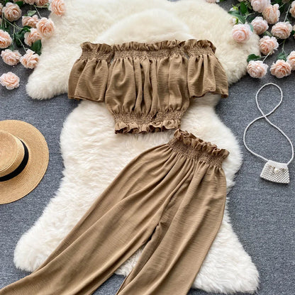 2024 Summer Green/Black/Red Two Piece Set Women Sexy Slash Neck Short Tops + High Waist Wide Leg Pants Female Suit New