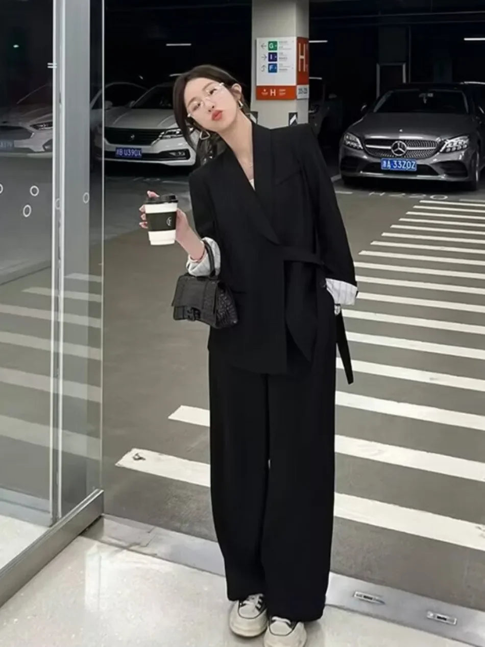 Women's Fashion Office Suit Set Casual Oversized Blazer And Wide Leg Pants Two-Piece Long Sleeve Top Bottoms Combo.