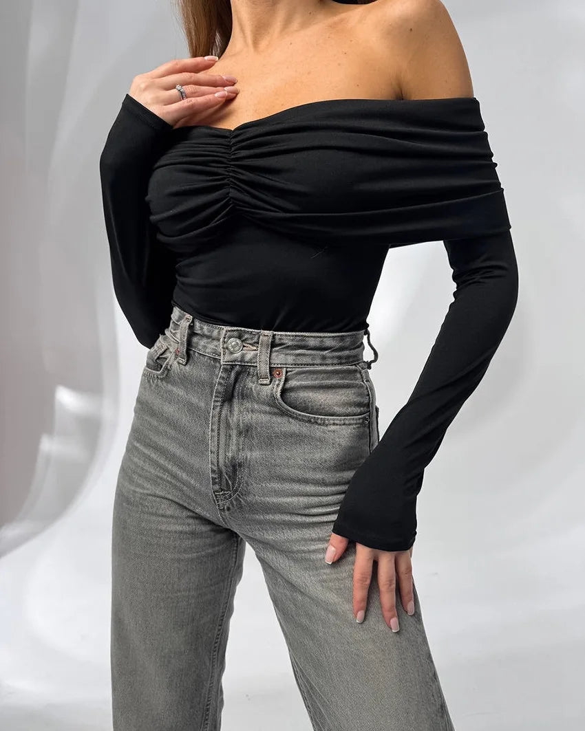 Talenza Sexy Ruched Top Women's One-Shoulder Long Sleeve Backless Solid Pullover Top Summer Female Office Lady Casual Top Women