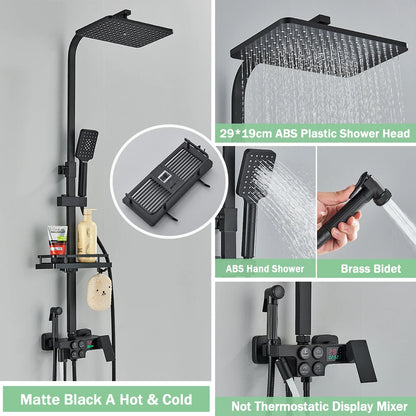 Black Thermostatic Shower Faucet Set For Bathroom Smart Display Hot Cold Water Mixer Tap Wall Mounted Rainfall System With Bidet