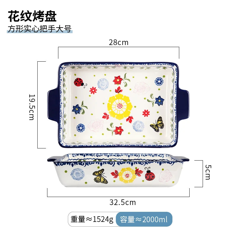 Rectangular/elliptical Double Ear Plate Cheese Baked Rice Tray Ceramic Baking Tray Oven Household Large Square Plate Tableware.