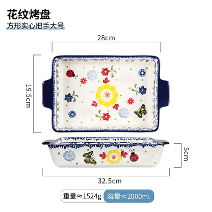Rectangular/elliptical Double Ear Plate Cheese Baked Rice Tray Ceramic Baking Tray Oven Household Large Square Plate Tableware.