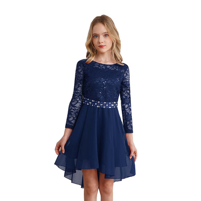 Elegantes Spitzen-Partykleid für Kinder, Mädchen, Chiffon, Spleißen, langärmelig, Kleid mit hohem und niedrigem Saum und Strass-Schärpe für Hochzeit, Geburtstag.