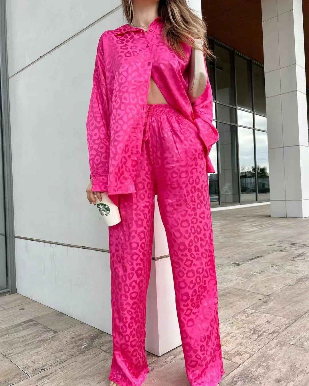 2024 Autumn White Satin Wide Leg Trousers Suit For Women Office Leopard Print Two-Piece Set Home Tracksuit Female Pajamas Sets.