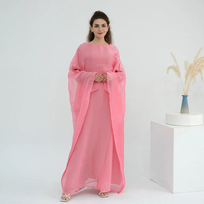 Eid 2 Piece Muslim Woman Set Diamonds Butterfly Abaya with Matching Inner Dress Dubai Luxury Kebaya Caftan Marocain Islam Outfit