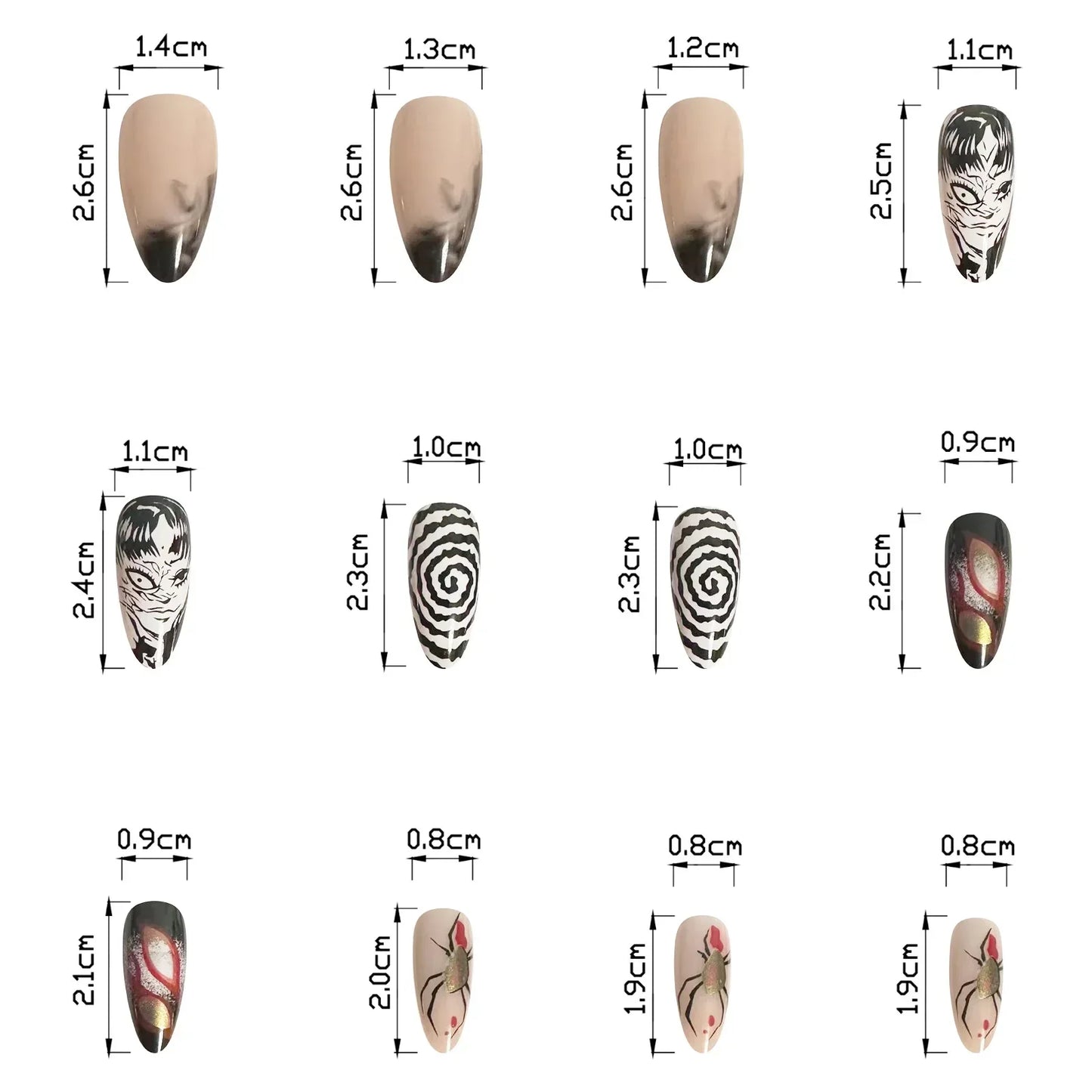 24Pcs Horror Comic Tomie Press on Nails Almond Glossy Black Japanese Anime Nails Reusable Halloween False Nail Tips for Girls.