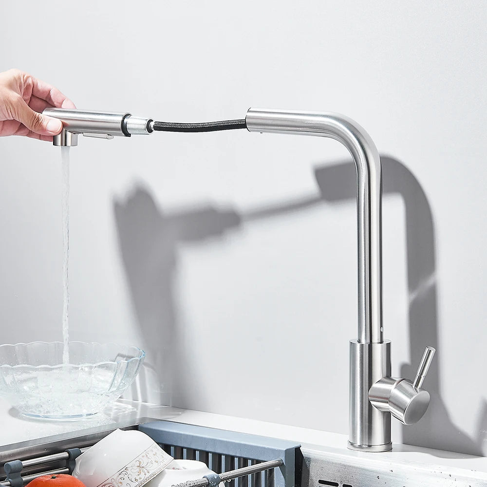 Black Pull Out Kitchen Sink Faucet Two Model Stream Sprayer Nozzle Stainless Steel Hot Cold Wate Mixer Tap Deck