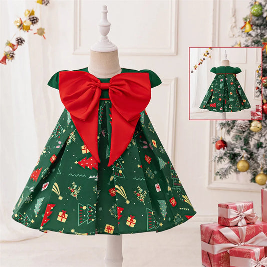 Kleinkind Santa Claus Cartoon Gedruckt Bogen Prinzessin Kleid Infant Weihnachten Thema Party Ballkleid Neugeborenen Nette Charme Kostüme.