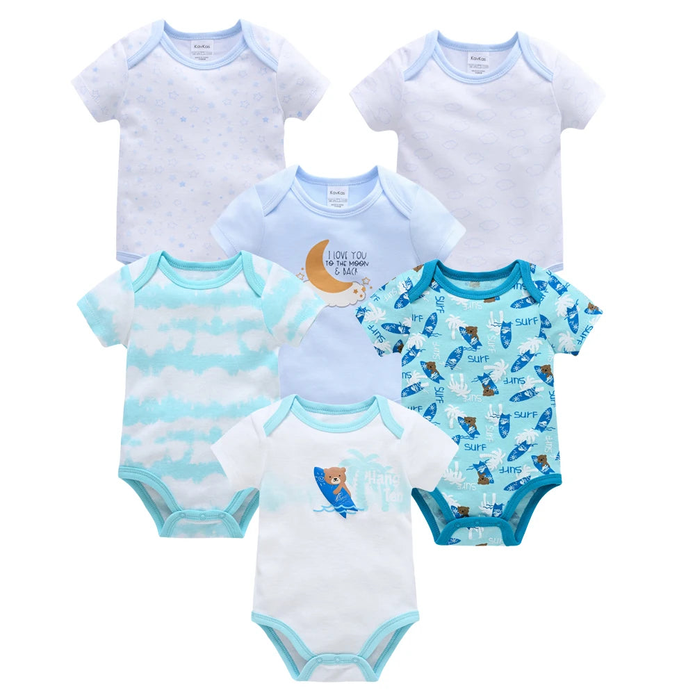 Kavkas 3-teiliger Baby-Body für Jungen und Mädchen, 0–12 Monate, kurzärmelig, Sommer-Baumwollkleidung, Cartoon-Druck, Säuglingskleidung.