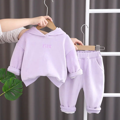 Baby Girls Warm Set Autumn Winter Lining Plush Thick Outfits Kids Cartoon Rabbit Ear Hoodie+Pants 2Pcs Children Casual Clothing.