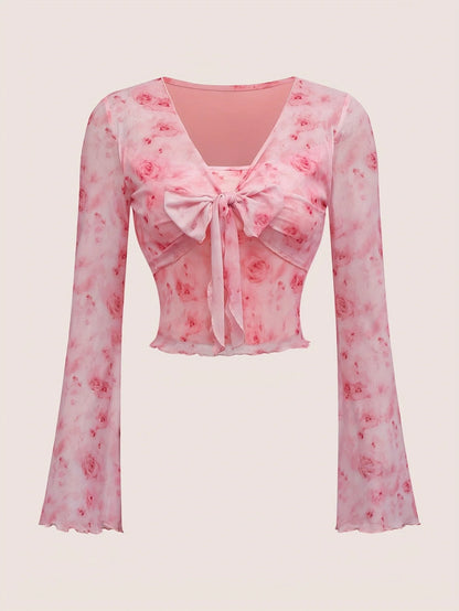 Summer Women's Y2k Floral Printed Sweet V-Neck T-shirts Mesh Beach Party Dress Top Flare Sleeve Square Collar Lace Up Shirt 2025.