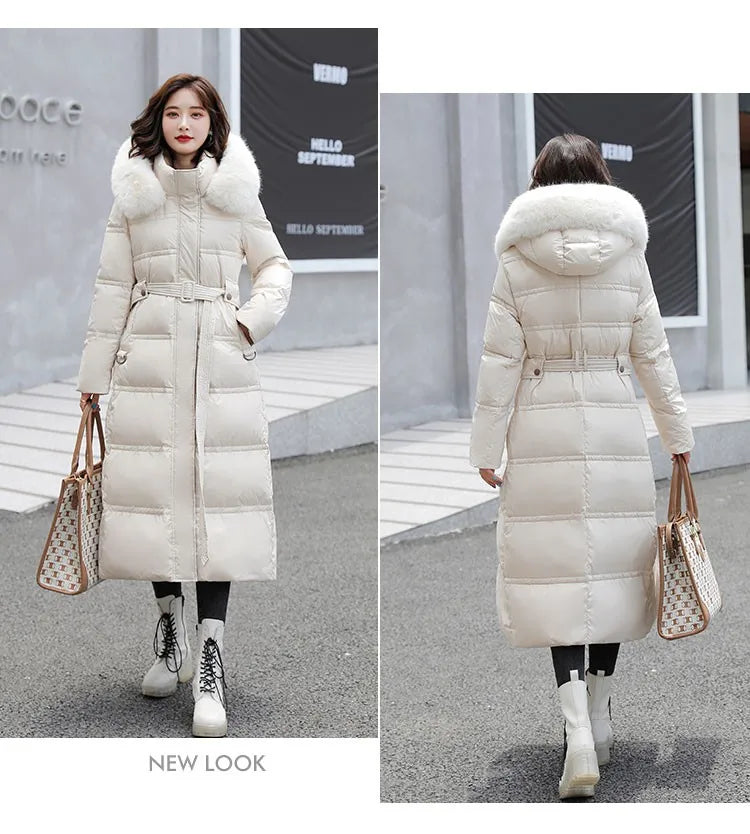 2024 neue Winter frauen Gepolsterte Jacken Mid-länge Modische Mit Kapuze Große Pelz Kragen Lose Dicke Unten Baumwolle Oberbekleidung damen