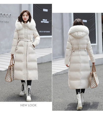 2024 neue Winter frauen Gepolsterte Jacken Mid-länge Modische Mit Kapuze Große Pelz Kragen Lose Dicke Unten Baumwolle Oberbekleidung damen