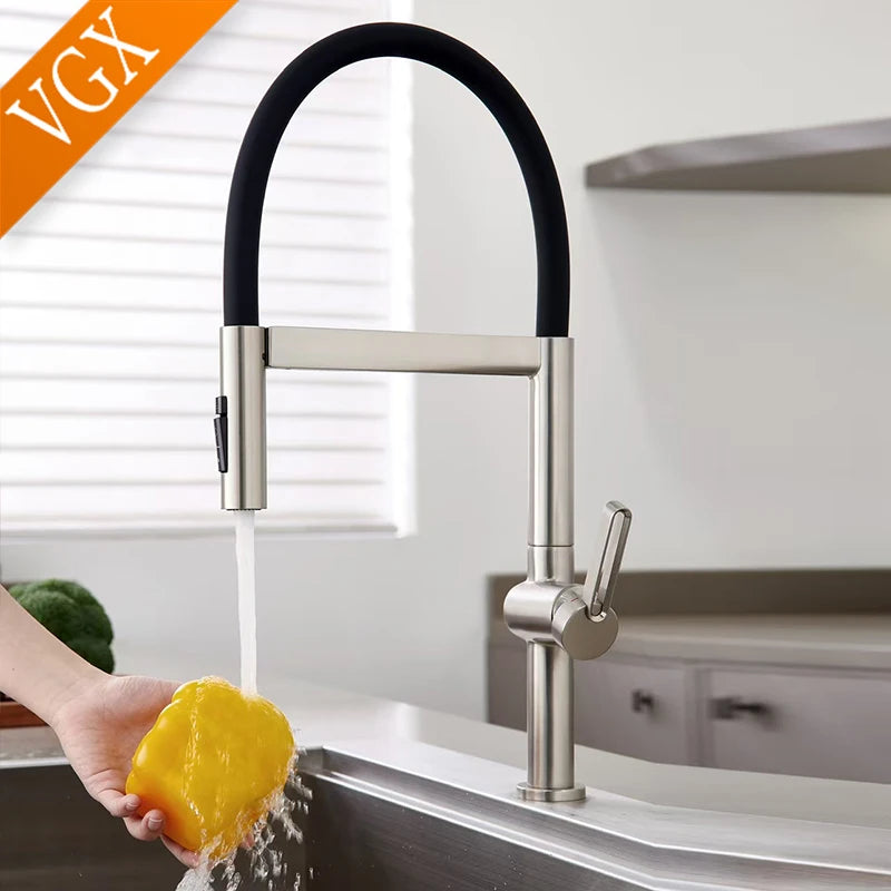 VGX Brushed Kitchen Faucet Sink Faucets Rubber Pull Down Stream Sprayer Taps Rotatable Kitchen Mixer Water Tap Hot Cold Crane