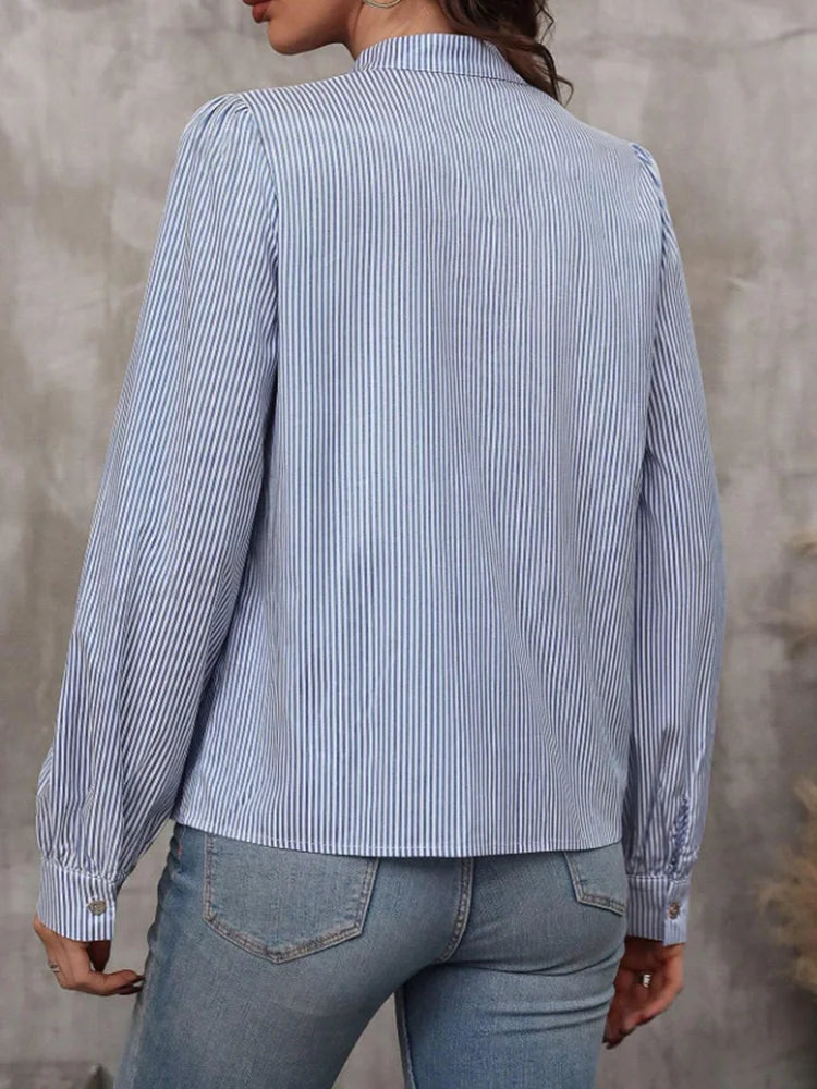 Women V-Neck Button Down Long Sleeve Top Solid Color Striped Shirt Office Lady Work Clothes.