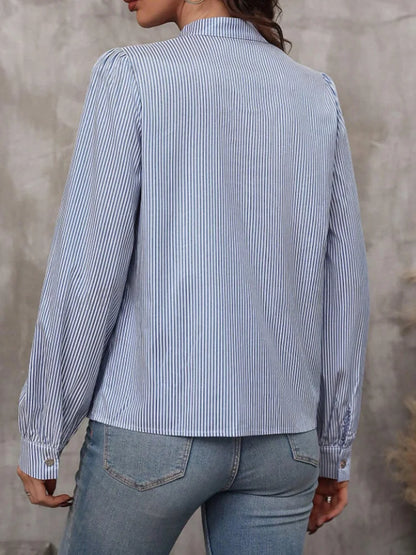 Women V-Neck Button Down Long Sleeve Top Solid Color Striped Shirt Office Lady Work Clothes.