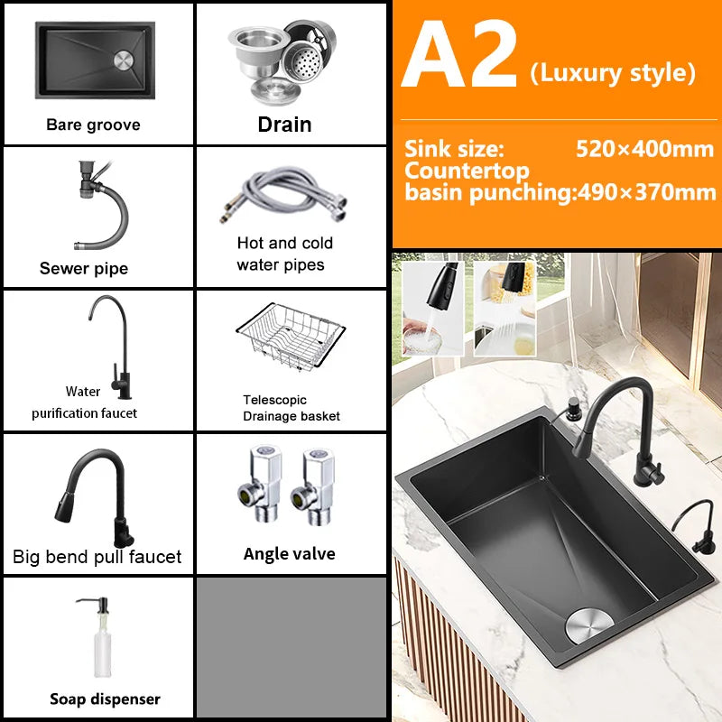 Black Stainless Steel Kitchen Sink Waterfall Sink dishwashing Basin Large Single Sink Household Sink Under The Counter Sink