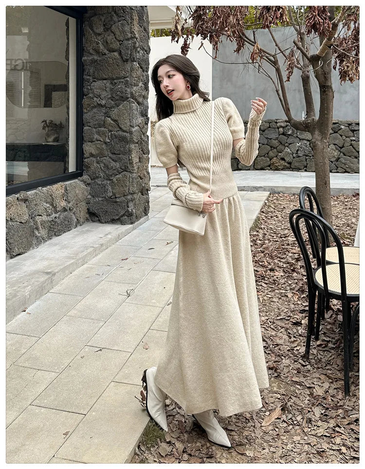 VigoAnne Spring Autumn 2025 Turtleneck Knit Woman 2 Piece Set Casual Solid High Waist Skirts Suits Korean Lady Long Dress Suit.