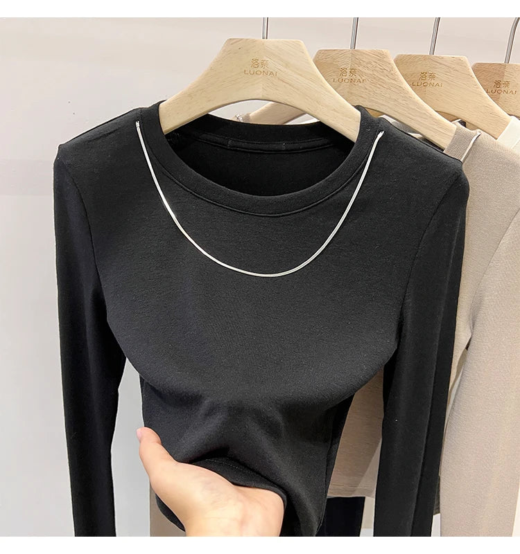 Women Trendy Chain Link Autumn Fashion Slim Fit Cropped T-shirts 2025 Long Sleeve T-shirt Solid Simple Base Layer Crop Tops.
