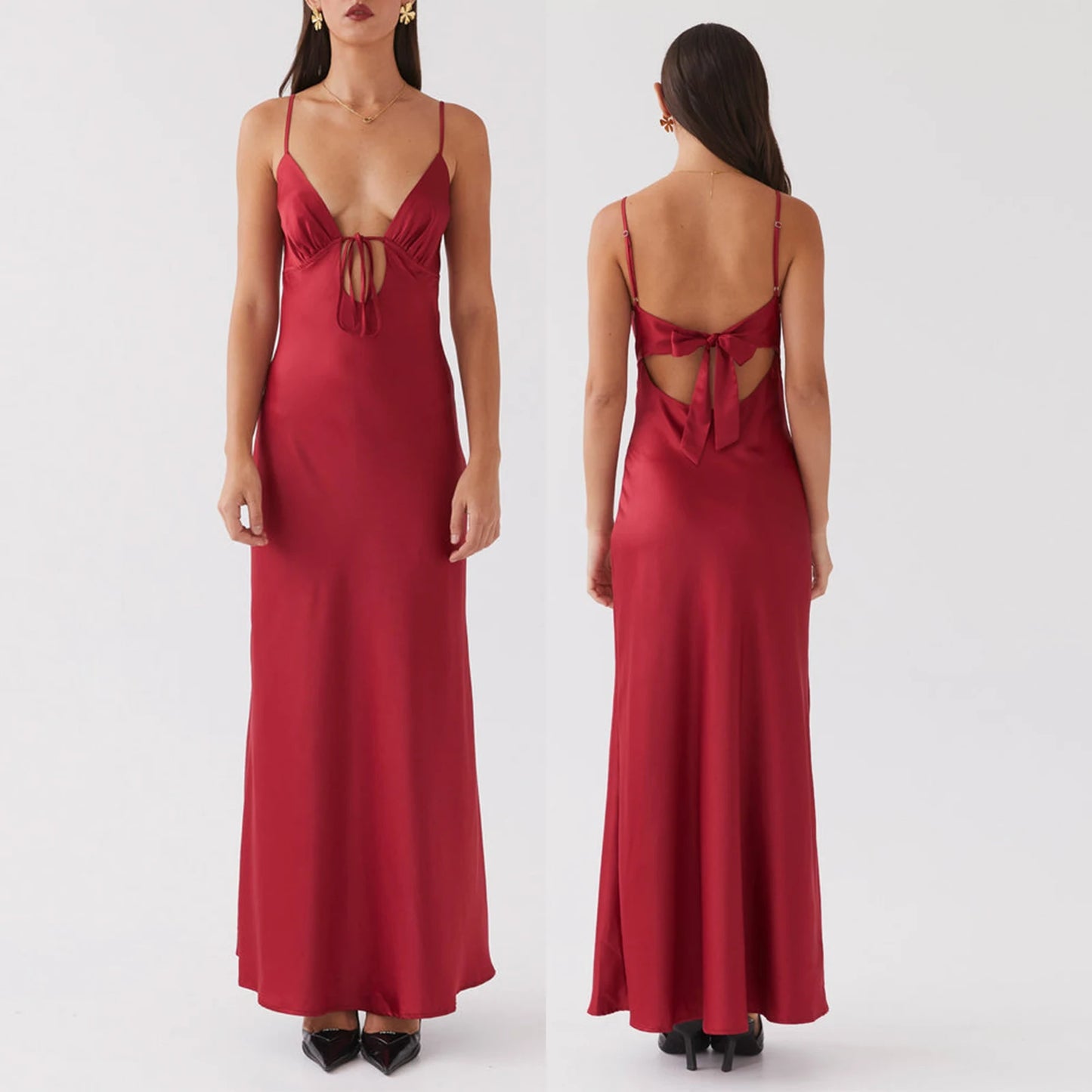Combhasaki Damen-Kleid, elegant, einfarbig, verstellbar, dünn, Schultergurte, Ausschnitt, zum Binden vorne, rückenfrei, Sommer, langes Cami, seidiges Kleid.