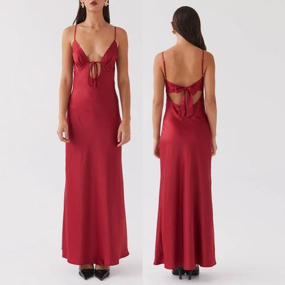 Combhasaki Damen-Kleid, elegant, einfarbig, verstellbar, dünn, Schultergurte, Ausschnitt, zum Binden vorne, rückenfrei, Sommer, langes Cami, seidiges Kleid.