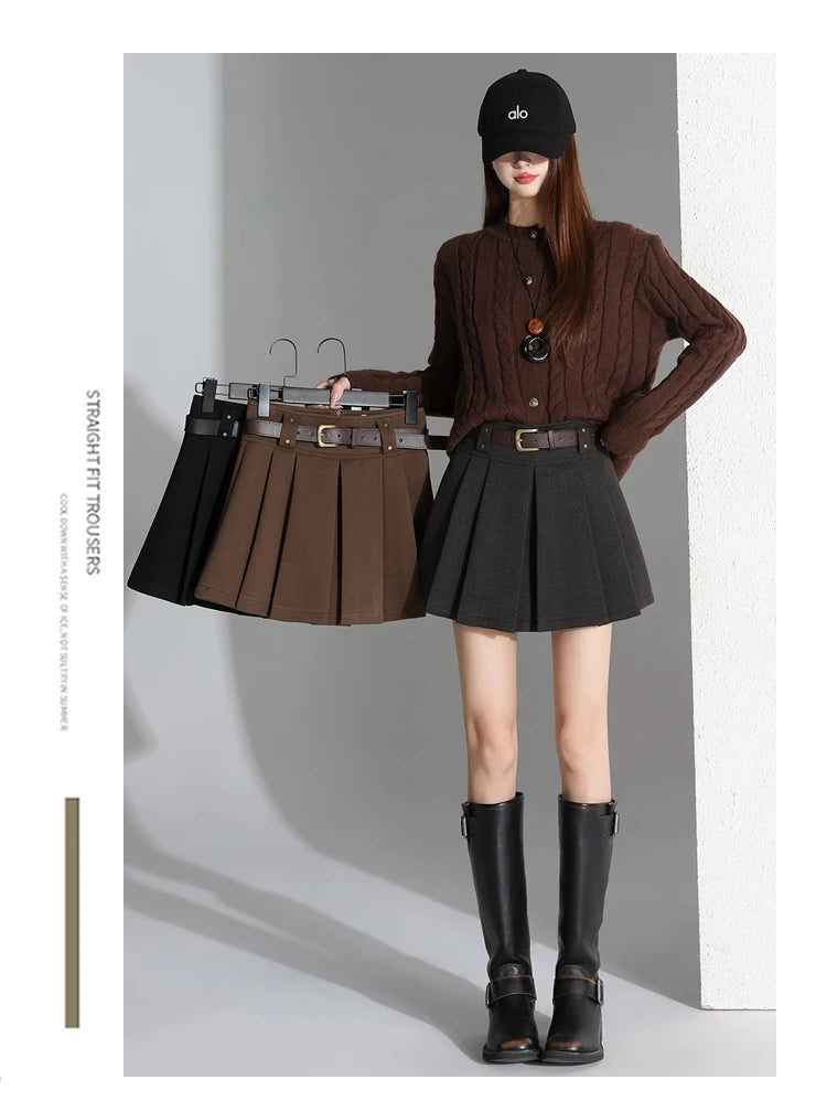 Preppy Style Coffee Woolen Skirt for Women Autumn Winter 2025 Chic High-waisted Mini Skirt Female Korean Thick Outwear Faldas.