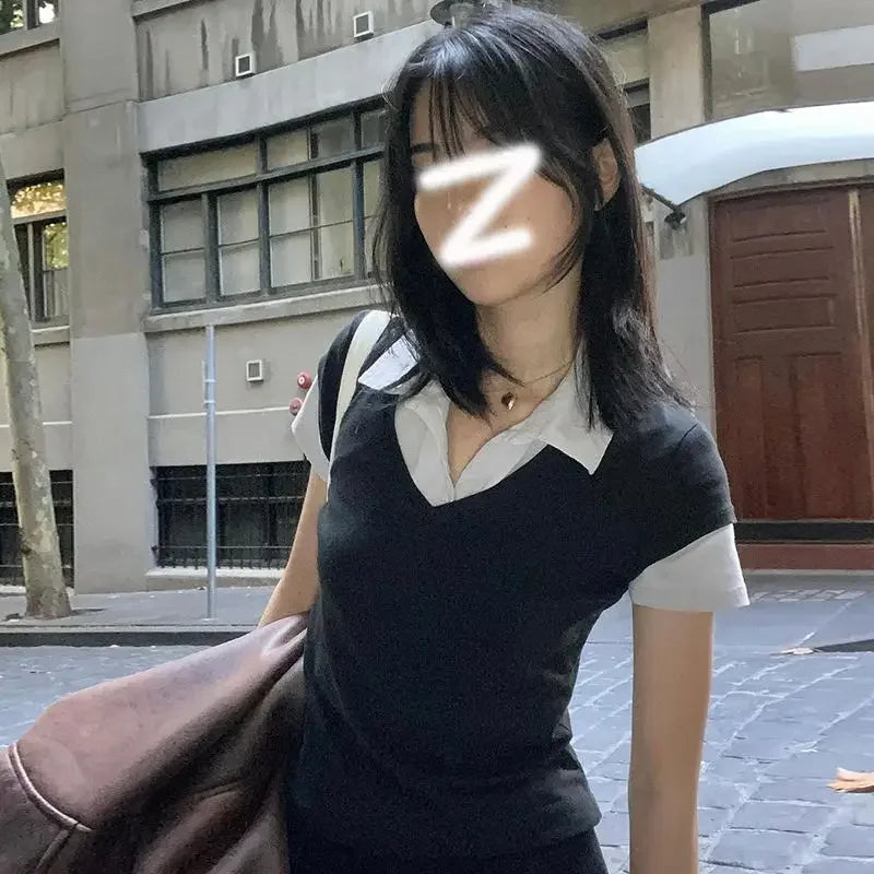 Korean Style College Polo Neck Splice Fake Two-Piece Short Sleeve T-Shirt Modal Material Flip Collar Short Length Female Top.