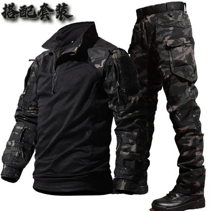 Autumn Tactical Sets Men Outdoor Breathable Short Sleeve Tshirt+Waterproof Straight Pant 2 Pcs Suits Camo Multi-pocket Cargo Set.