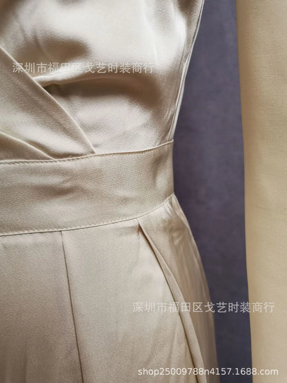 2025 Spring Summer Chiffon Elegant Jumpsuits Women Spaghetti Strap High Waist Wide Leg Jumpsuits Overalls Solid Womens Jumpsuit