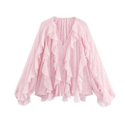Women Fashion With Ruffles Semi-sheer Blouses V Neck Long Sleeve Button-up Female Shirts Chic Tops.