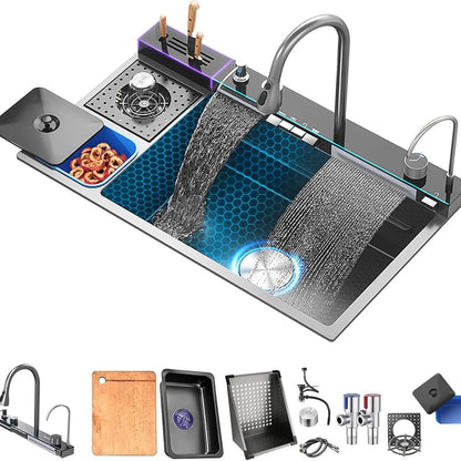 Large Single Slot Waterfall Stainless Steel Kitchen Sink With a Knife Holder and Trash Can Household Vegetable Washer Basin