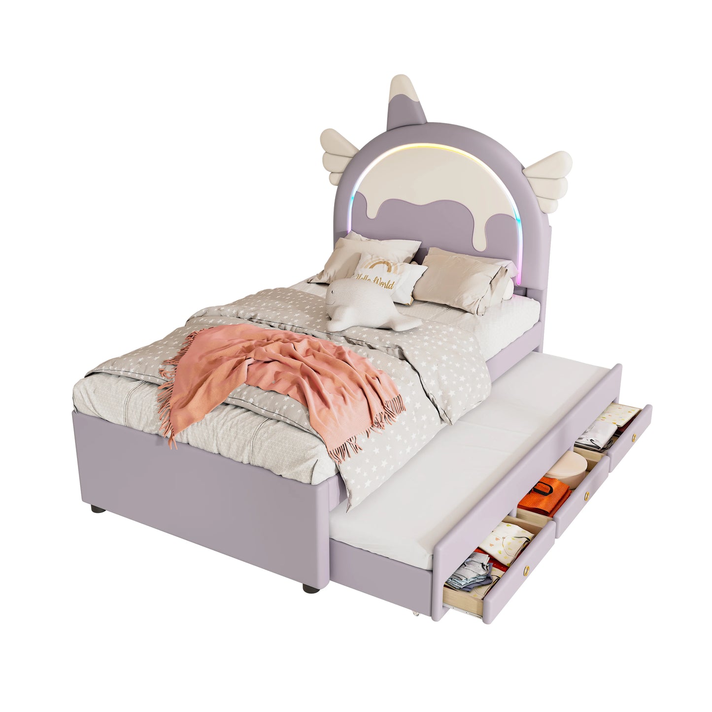 Merax Kinderbett 90x200 cm Einhorn Design mit Ausziehbett PU Material Violett