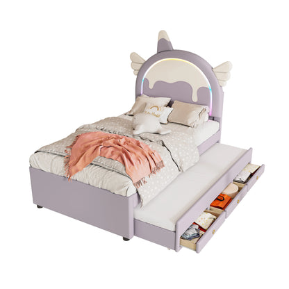 Merax Kinderbett 90x200 cm Einhorn Design mit Ausziehbett PU Material Violett