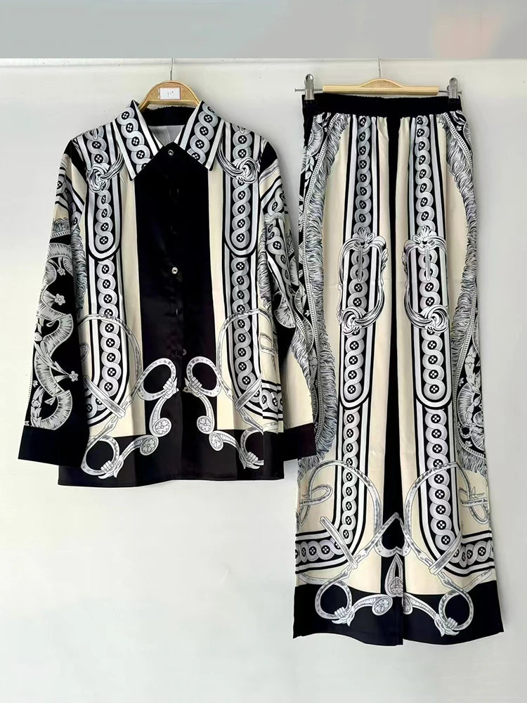 2025 Spring women's retro geometric print lapel loose long-sleeved shirt two-piece + elastic waist wide leg pant suit.