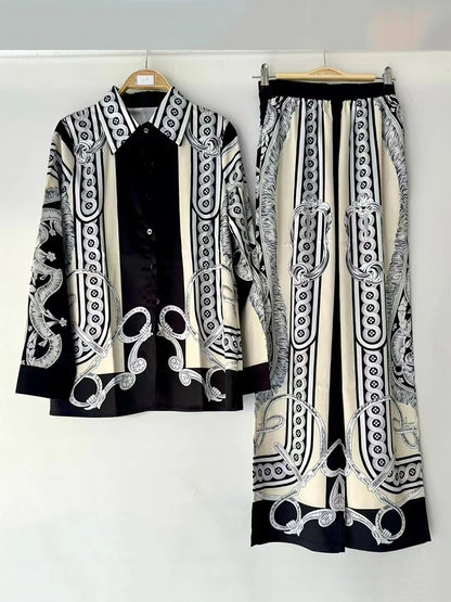 2025 Spring women's retro geometric print lapel loose long-sleeved shirt two-piece + elastic waist wide leg pant suit.