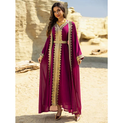 2PCS Muslimische Frauen Luxus Kimono Strickjacke Innere Kleid Set Dubai Abaya Kaftan Marokko Abend Party Kleid Djellaba Eid Jalabiya Neue.