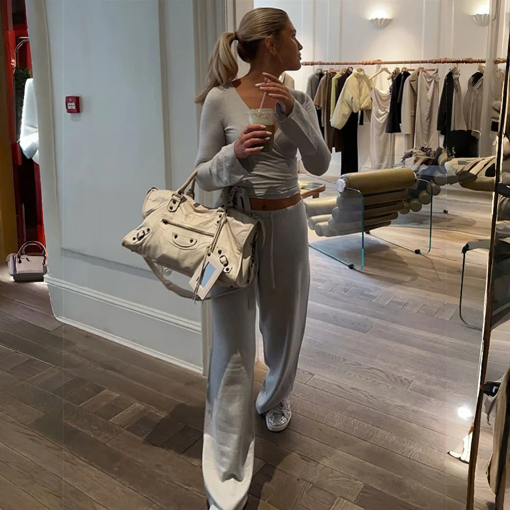 Apprabant Casual Fashion Drawstring High Waist Trousers Set Lace Up Flared Sleeve V Neck Twist Tops Plush Loose Pants Suit.