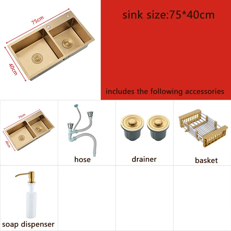 Goldene Küchenspüle über der Theke, Doppelschüssel, Goldkorb, Abtropffläche, Seifenspender, Waschbecken, Spülbecken aus Edelstahl 304, Spülbecken
