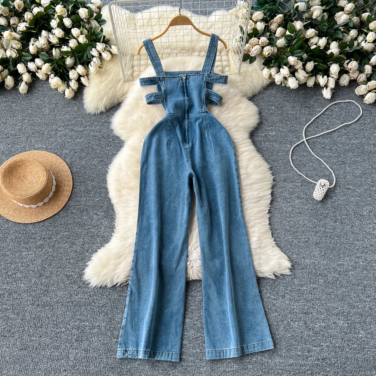 Jumpsuits Women Denim Suspender Jeans One Piece Wide Leg Pants Washed Mom Distressed Pockets Trousers Summer 2025 Streetwear.